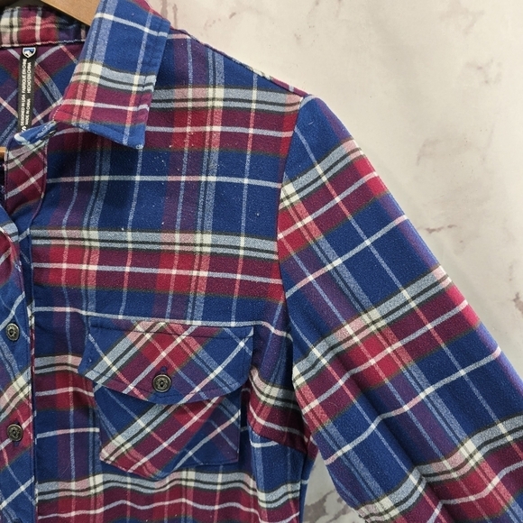 Kuhl Shirt Women Small Red Blue Button Up Plaid Long Sleeve Alina Flannel Collar - Picture 13 of 14